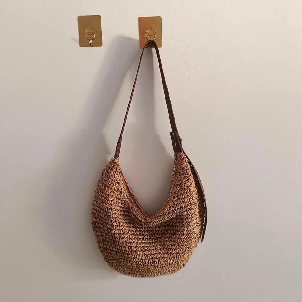 Straw Crossbody Bag Woven Hobo with Adjustable Strap Large Capacity Beach Purse - Picture 2 of 7